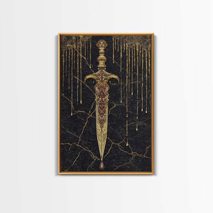 Norse Royal Dagger Canvas Gold Art Canvas Art | Viking Weapon Mythology Wall Decor Office Art | Framed with Solid Natural Wood