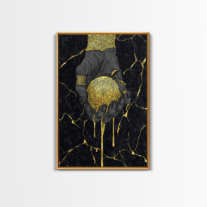 Runic Apple Canvas Gold Art Canvas Art | Viking Mythology Symbol Wall Art | Nordic Norse Decor Dad Gift | Natural Wood Frame