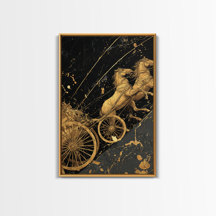 Norse Chariot Canvas Gold Art Canvas Art | Viking Mythology Horse Chariot Wall Decor for Office or Man Cave | Framed in Natural Wood