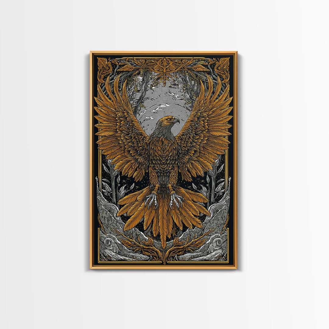 Nordic Eagle Canvas Gold Art Canvas Art Wall Decor for Office or Man Cave, Viking Inspired Artwork in Natural Wood Frame