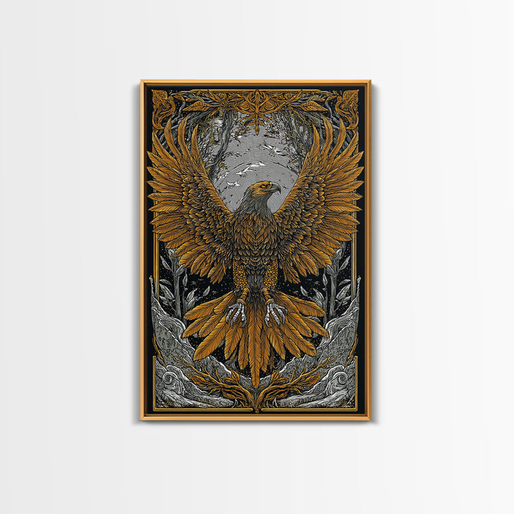 Nordic Eagle Canvas Gold Art Canvas Art Wall Decor for Office or Man Cave, Viking Inspired Artwork in Natural Wood Frame