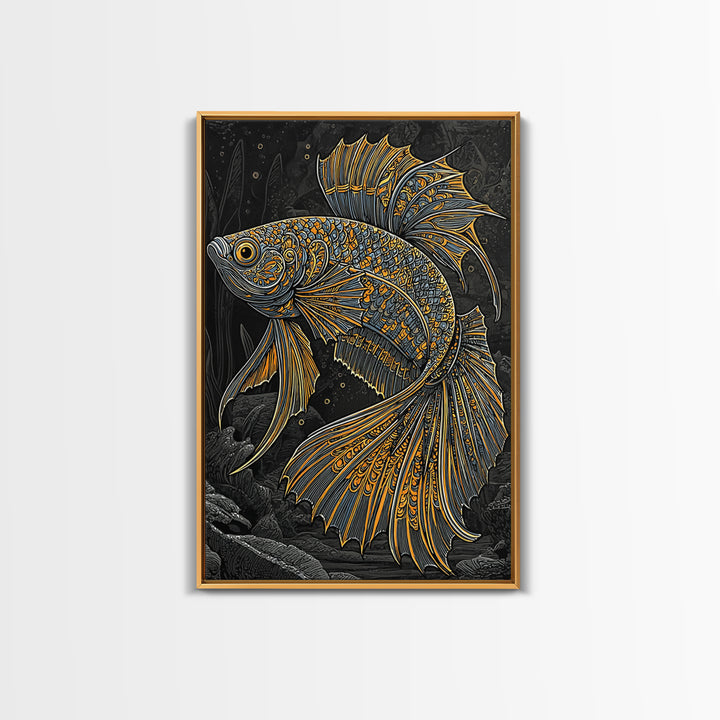Canvas Gold Art Nordic Fish Canvas Art Wall Hanging, Viking Sea Symbol Decor for Office or Dad Gift, Framed with Real Wood