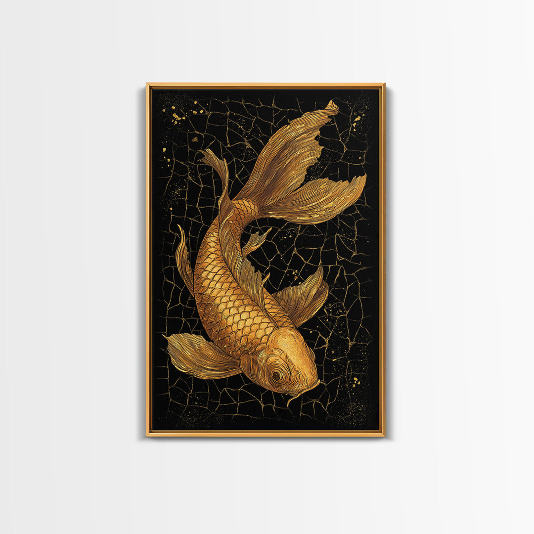 Nordic Mythology Canvas Gold Art Canvas Art Koi Fish Wall Decor, Viking Inspired Gift for Men, Framed in Real Wood