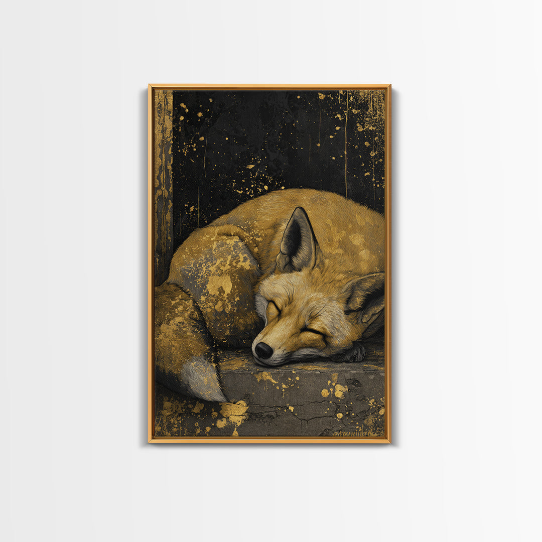 Canvas Art Nordic Fox Canvas Gold Art Wall Hanging, Viking Mythology Decor Gift for Dad or Husband, Framed in Real Wood