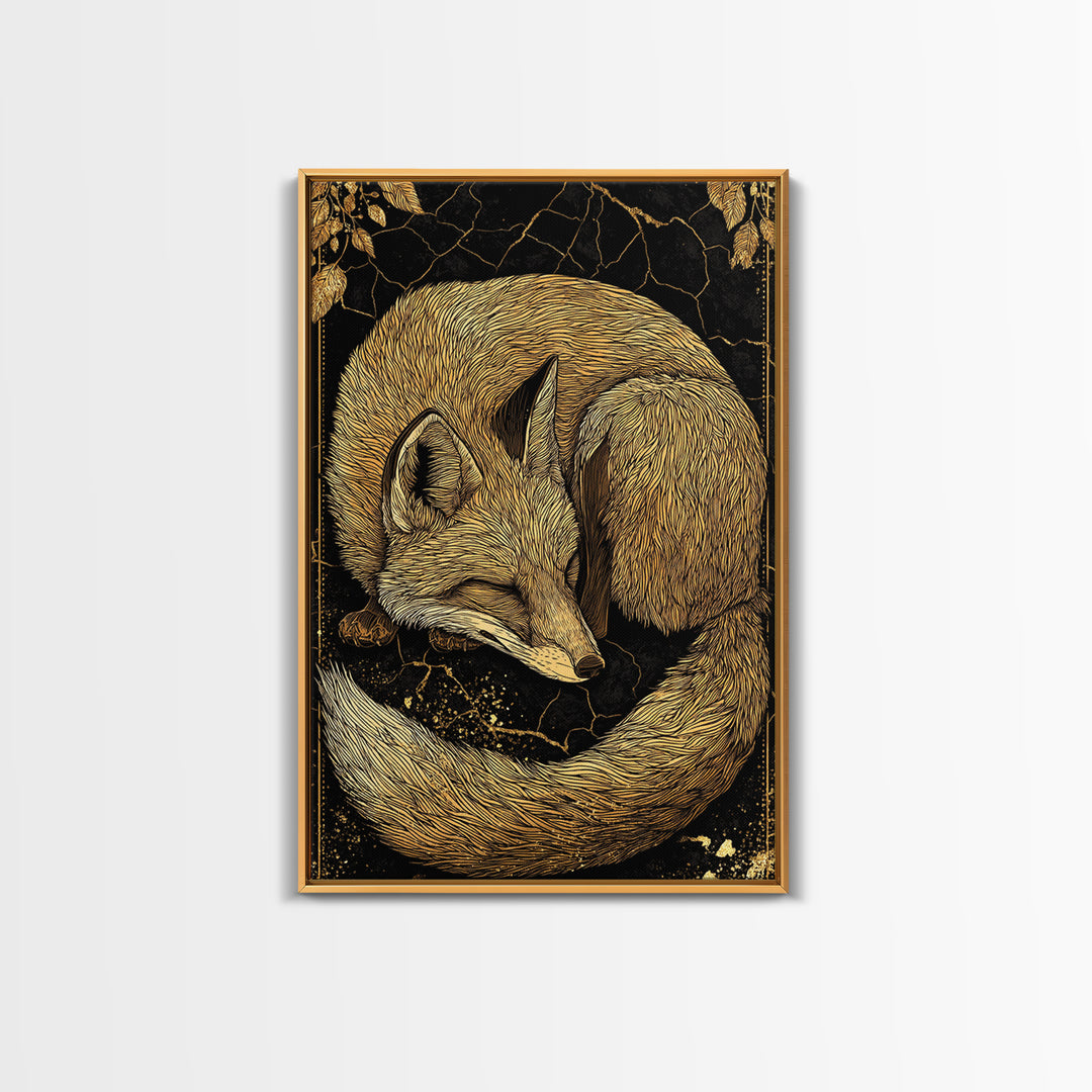 Nordic Sleeping Fox Canvas Gold Art Canvas Art Decor, Viking Myth Inspired Animal Wall Hanging with Natural Wood Frame