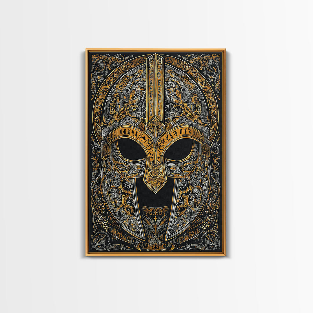 Viking Warrior Helmet Canvas Gold Art Canvas Art Wall Decor, Nordic Mythology Gift for Men or Office, Real Wood Frame Display