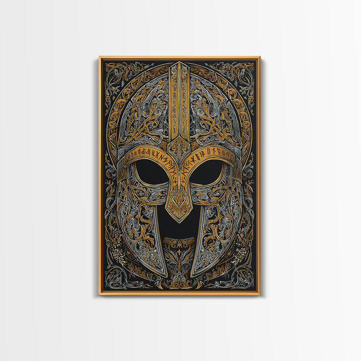 Viking Warrior Helmet Canvas Gold Art Canvas Art Wall Decor, Nordic Mythology Gift for Men or Office, Real Wood Frame Display