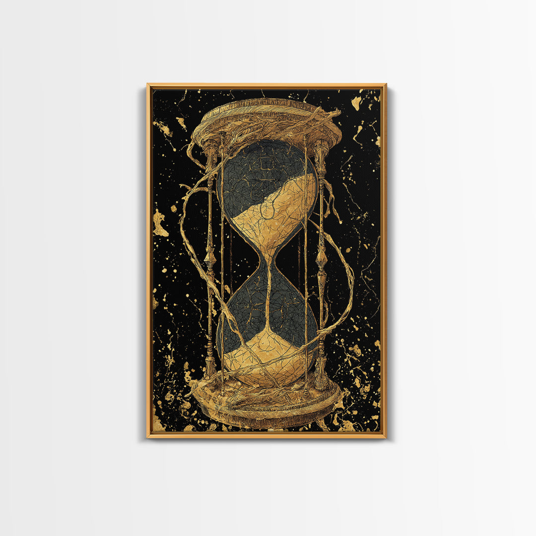 Nordic Hourglass Canvas Gold Art Canvas Art Wall Decor, Viking Myth Time Symbol Artwork for Office or Man Cave, Wood Framed