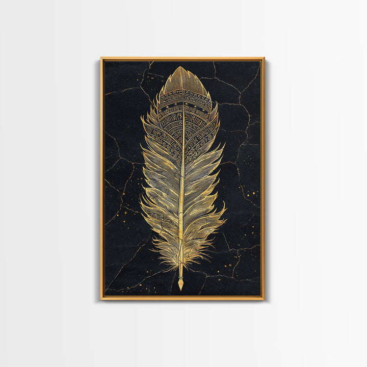 Canvas Gold Art Nordic Feather Canvas Art Wall Decor, Viking Myth Symbol Artwork for Men’s Office or Dad Gift, Real Wood Frame