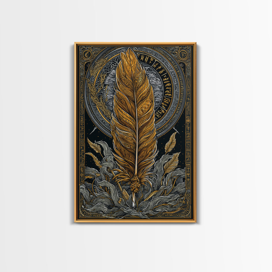 Nordic Mythology Feather Canvas Gold Art Canvas Art Wall Decor, Viking Symbolic Artwork for Man Cave or Office, Natural Wood Frame