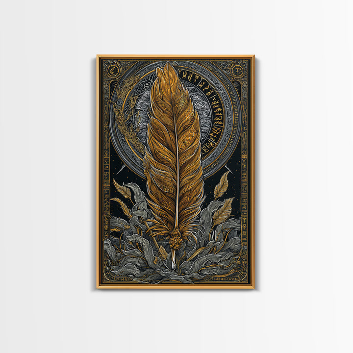 Nordic Mythology Feather Canvas Gold Art Canvas Art Wall Decor, Viking Symbolic Artwork for Man Cave or Office, Natural Wood Frame