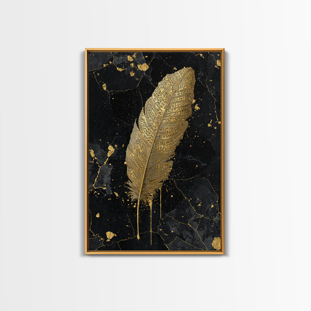 Runic Feather Canvas Gold Art, Nordic Mythology Inspired Canvas Art for Office or Man Cave, Framed in Natural Wood