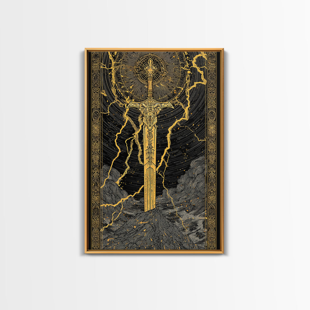 Thor’s Sword Canvas Gold Art, Viking Weapon Nordic Mythology Canvas Art for Man Cave or Office Wall, Real Wood Frame Included