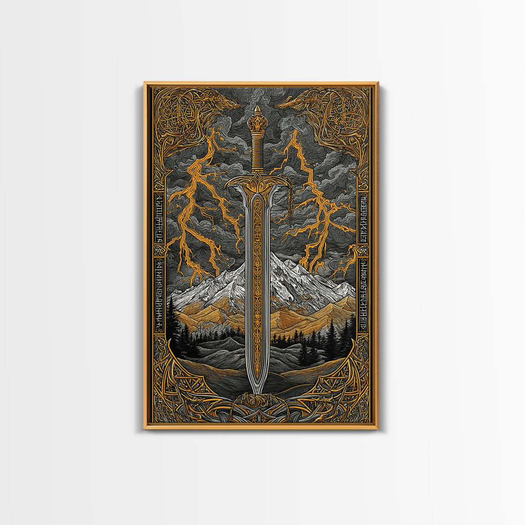 Odin’s Blade Canvas Gold Art, Lightning and Mountain Viking Sword Nordic Canvas Art, Office or Man Cave Decor, Wood Framed