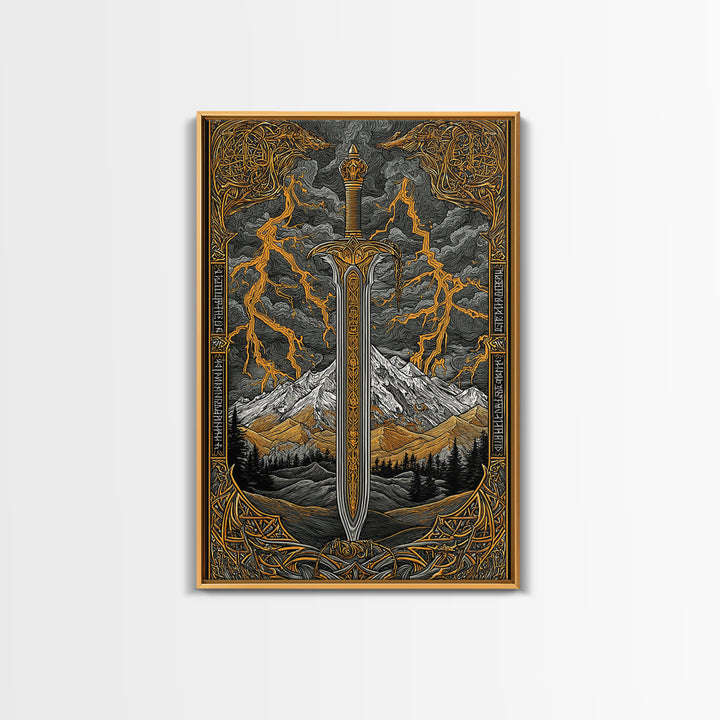 Odin’s Blade Canvas Gold Art, Lightning and Mountain Viking Sword Nordic Canvas Art, Office or Man Cave Decor, Wood Framed