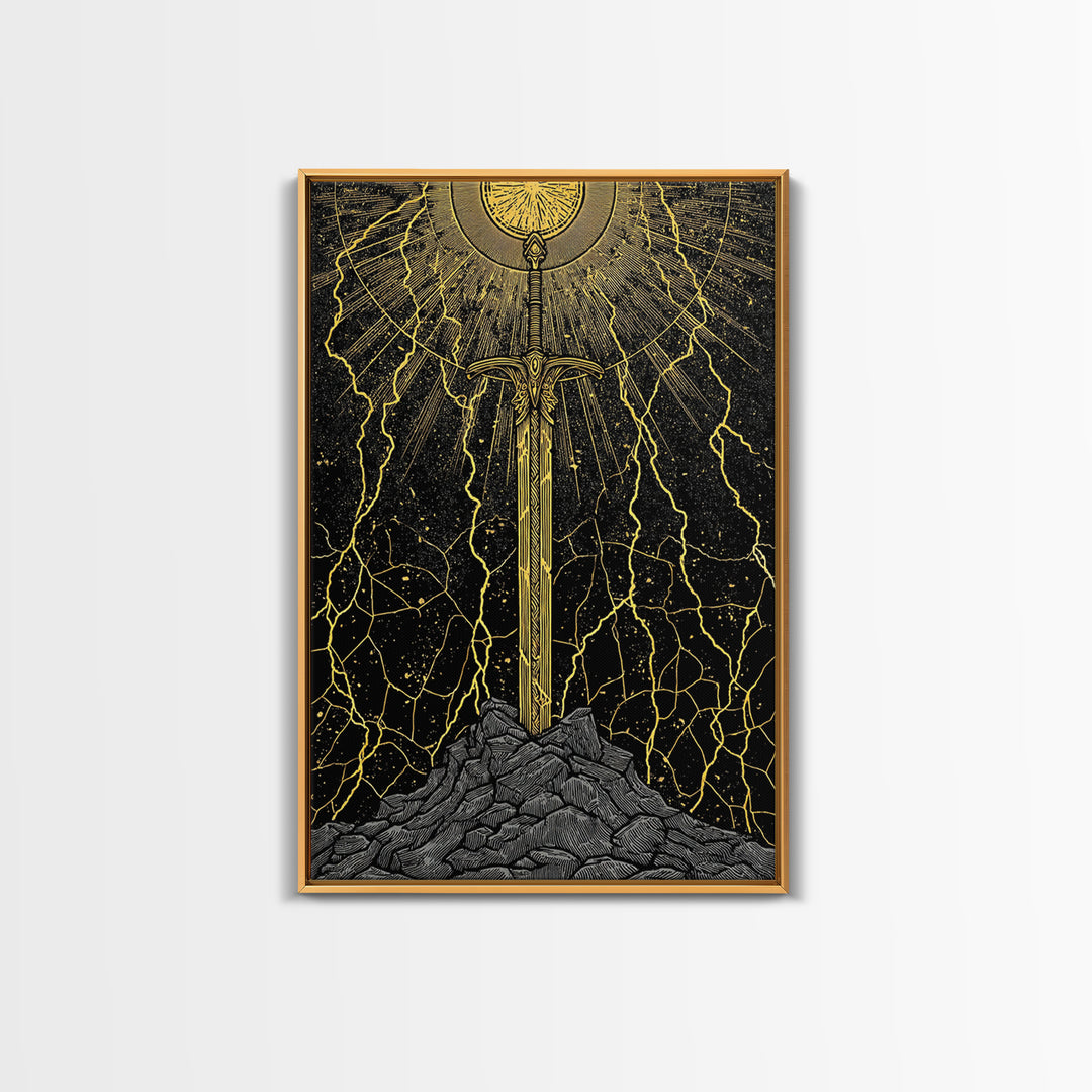 Viking Sword Canvas Gold Art, Norse Mythology Weapon Canvas Art with Lightning, Office Wall or Dad Gift, Framed in Wood