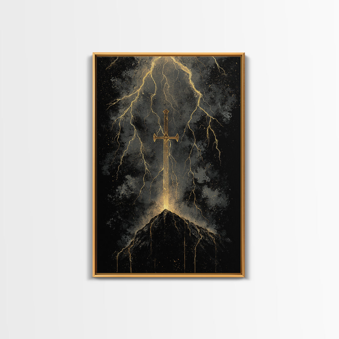 Storm Forged Sword Canvas Gold Art, Nordic Mythology Canvas Art with Lightning Strikes, Man Cave Office Decor, Real Wood Frame