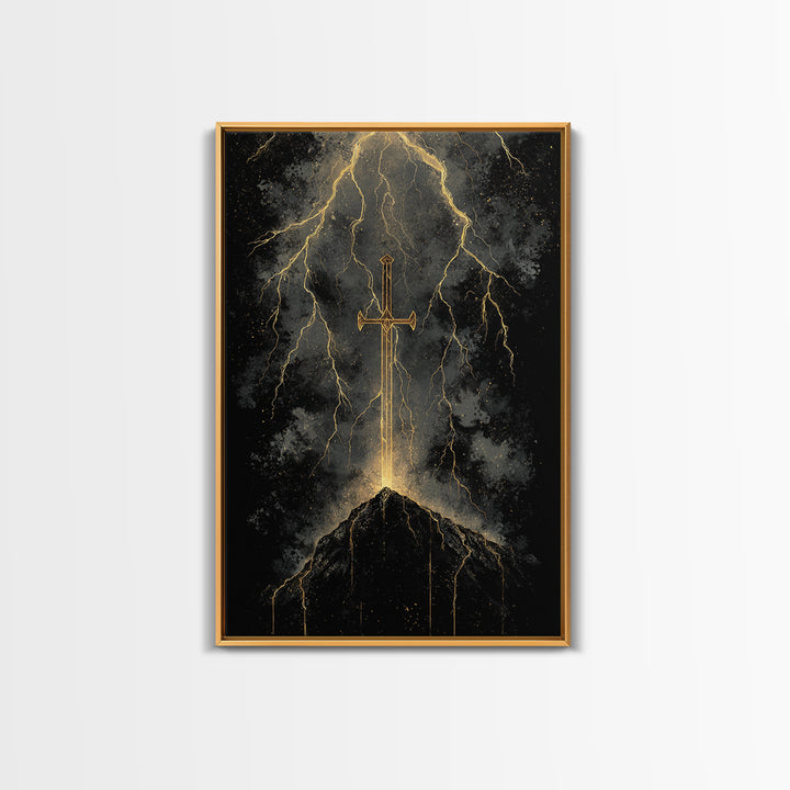Storm Forged Sword Canvas Gold Art, Nordic Mythology Canvas Art with Lightning Strikes, Man Cave Office Decor, Real Wood Frame