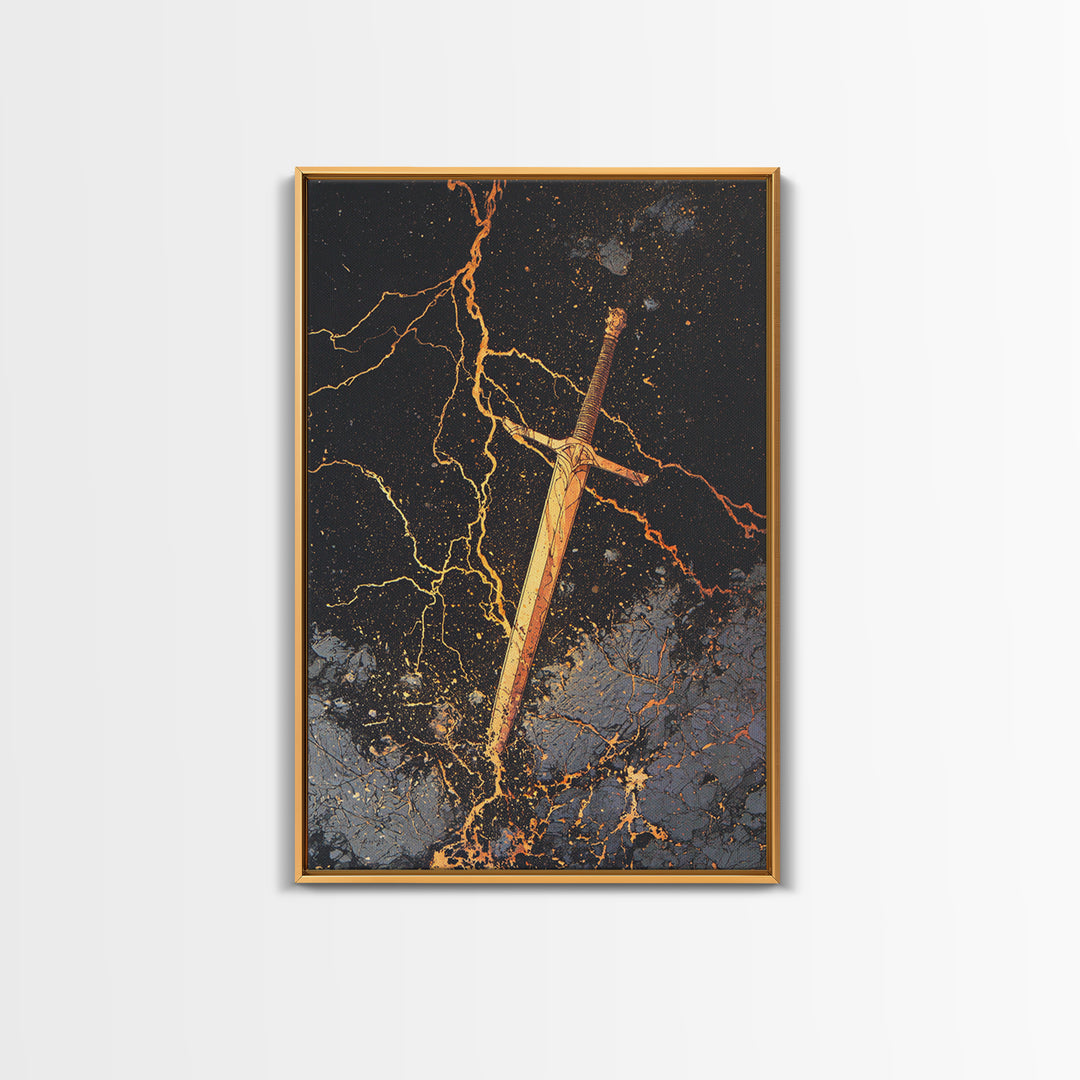 Runed Viking Sword Canvas Gold Art, Nordic Mythology Inspired Canvas Art for Office Wall or Man Cave, Natural Wood Frame