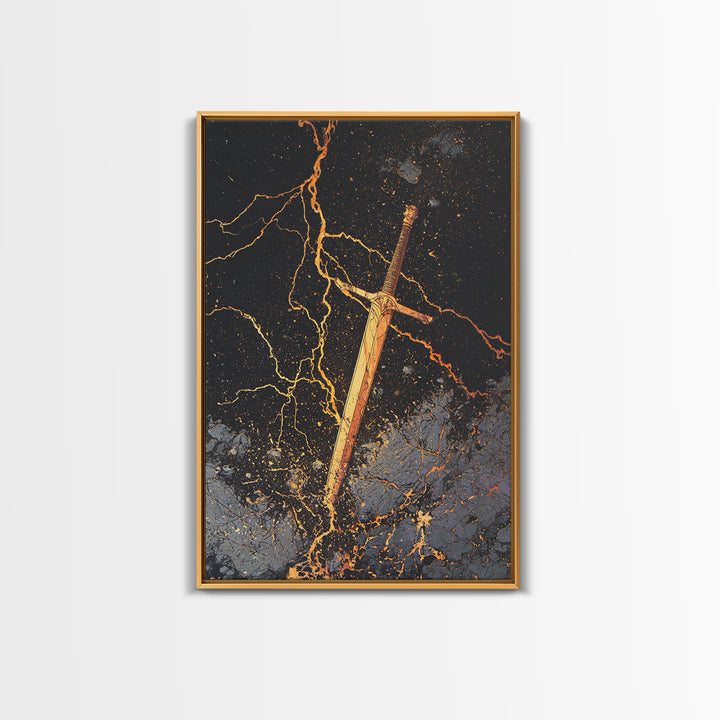 Runed Viking Sword Canvas Gold Art, Nordic Mythology Inspired Canvas Art for Office Wall or Man Cave, Natural Wood Frame