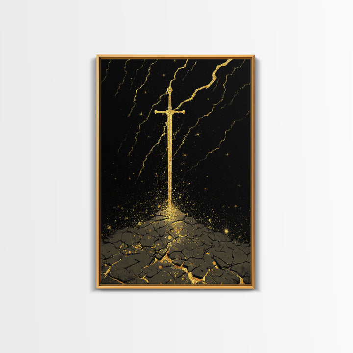 Odin’s Throne Canvas Gold Art, Viking Wolves and Norse Mythology Canvas Art for Man Cave or Office Wall, with Real Wood Frame