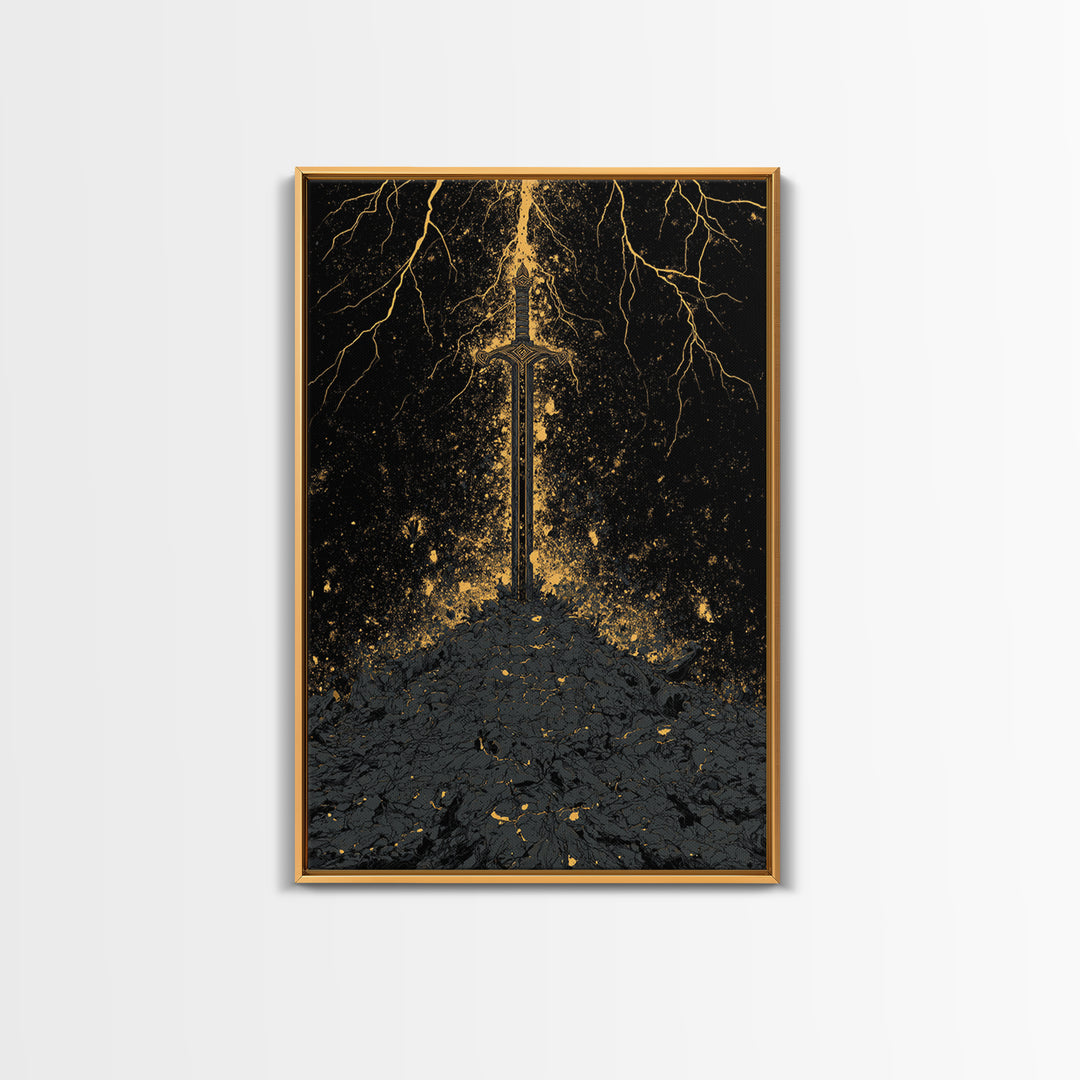 Nordic Throne Canvas Gold Art, Viking Symbolism Canvas Art with Wolves and Carvings, Office or Dad Gift, Framed in Natural Wood