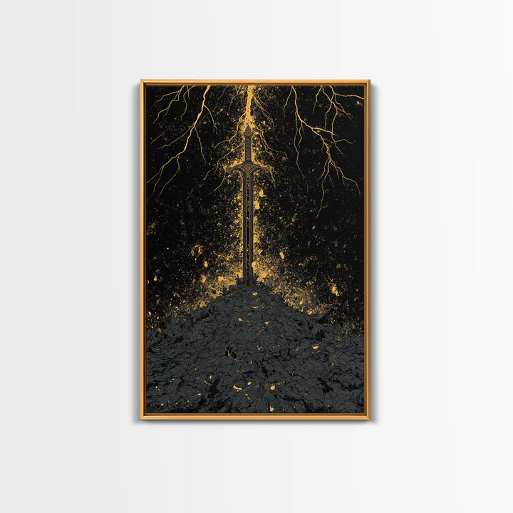 Nordic Throne Canvas Gold Art, Viking Symbolism Canvas Art with Wolves and Carvings, Office or Dad Gift, Framed in Natural Wood
