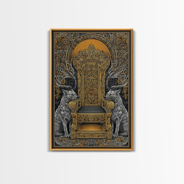 Yggdrasil Throne Canvas Gold Art, Norse Mythology Viking Chair Canvas Art, Office or Man Cave Wall Decor, Real Wood Frame Included