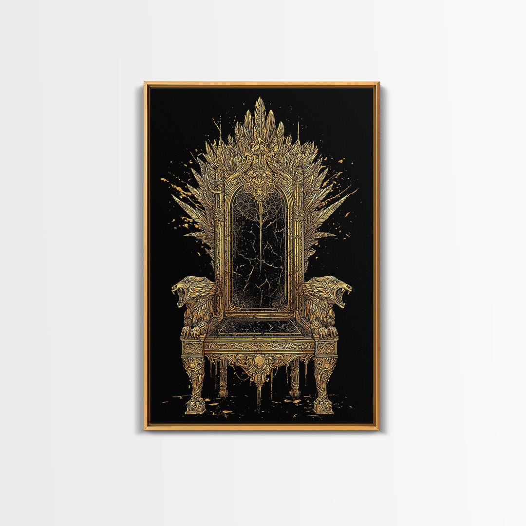Norse Throne Canvas Gold Art, Viking Canvas Art for Office or Man Cave, Nordic Mythology Wall Decor framed in natural wood
