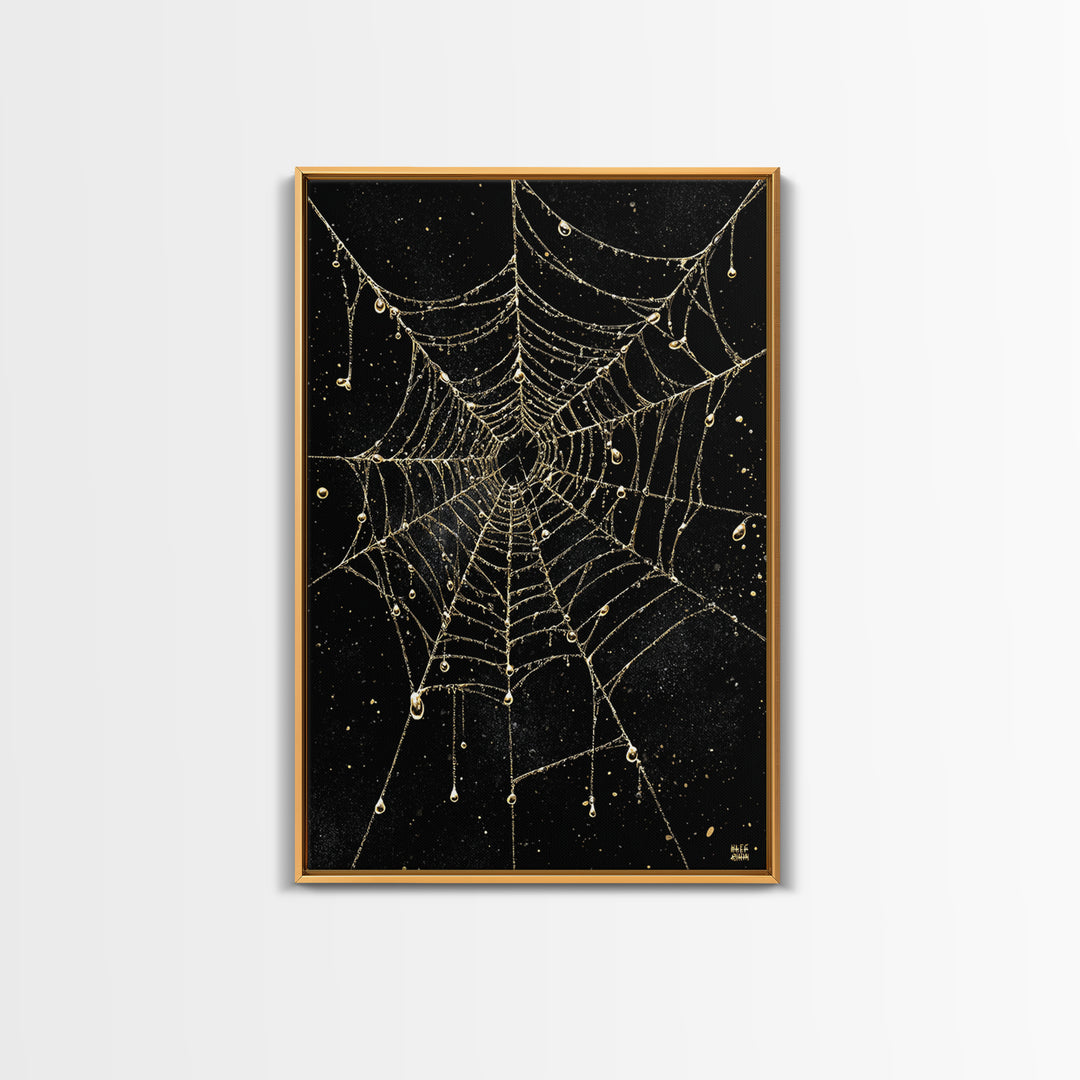 Norse Fate Web Canvas Gold Art, Nordic Canvas Art of Urd’s Threads, Viking Office Wall Decor framed in authentic natural wood