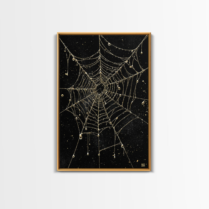 Norse Fate Web Canvas Gold Art, Nordic Canvas Art of Urd’s Threads, Viking Office Wall Decor framed in authentic natural wood