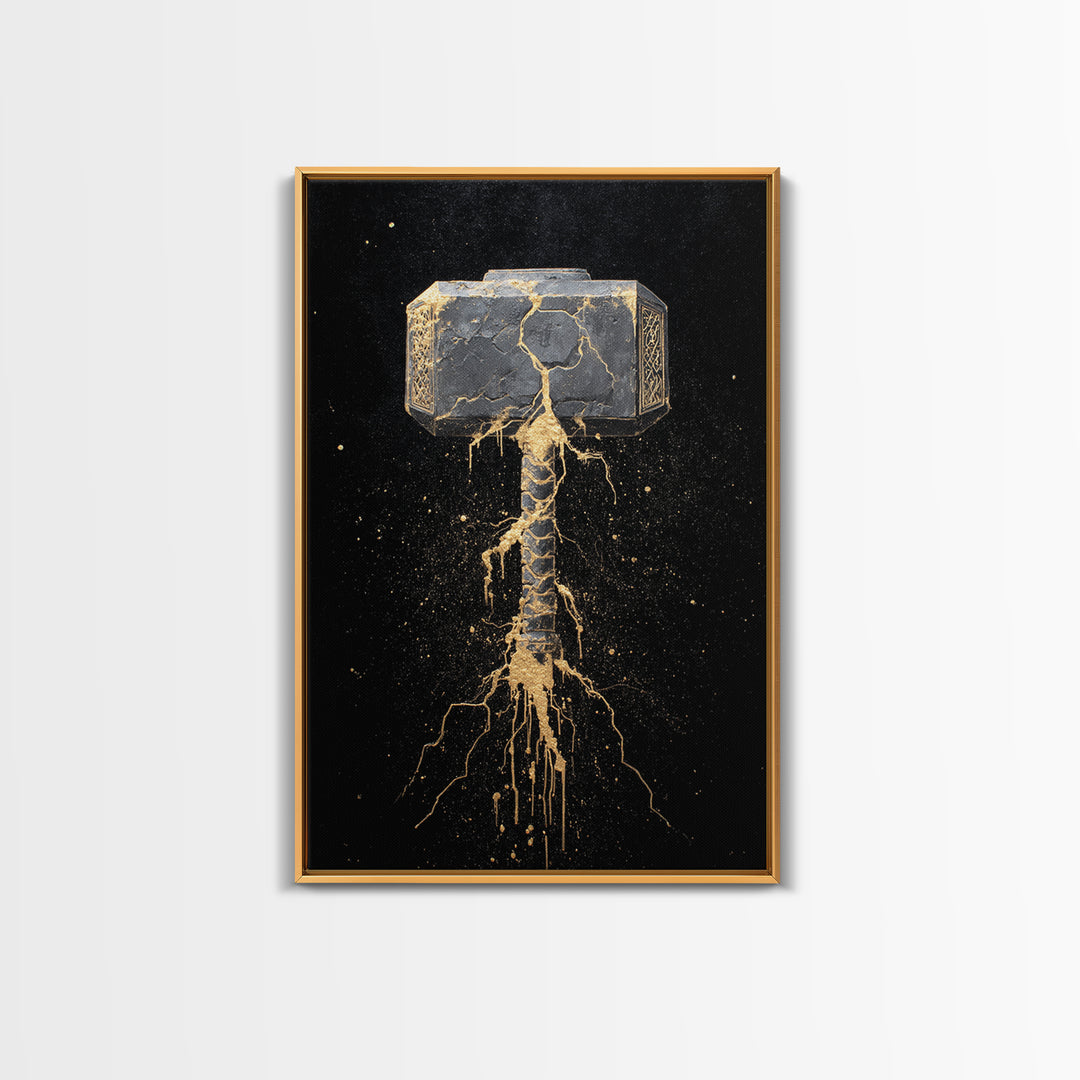 Thor’s Hammer Mjolnir Canvas Gold Art, Norse Canvas Art Wall Decor for Man Cave or Office, Viking Gift framed with real wood