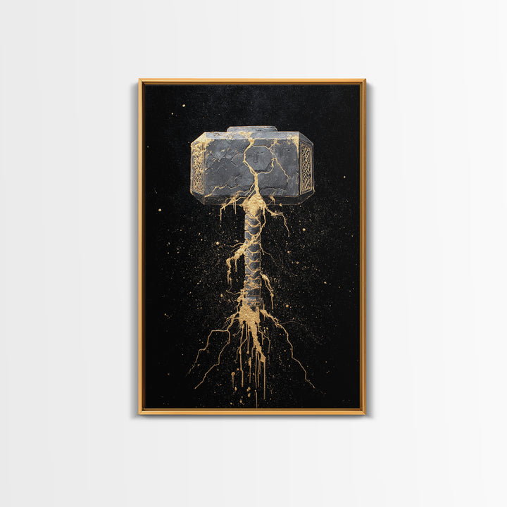 Thor’s Hammer Mjolnir Canvas Gold Art, Norse Canvas Art Wall Decor for Man Cave or Office, Viking Gift framed with real wood