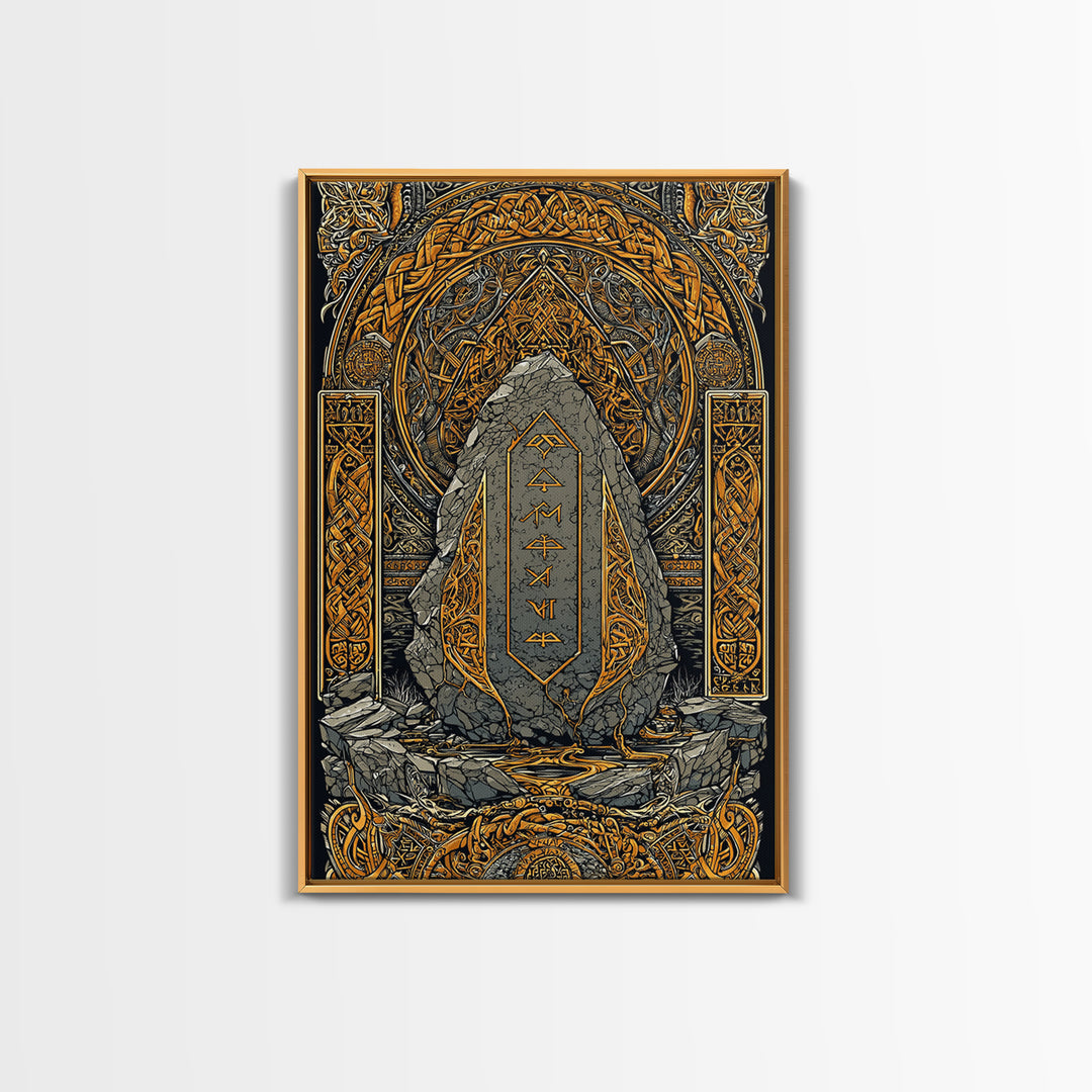 Obelisk Canvas Gold Art, Viking Canvas Art Wall Decor with Norse Runes, Nordic Myth Inspired Office Decor in real wood frame