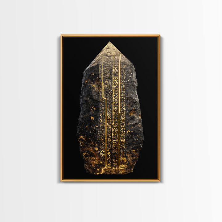 Runestone Canvas Gold Art, Nordic Canvas Art with Ancient Viking Runes, Norse Mythology Wall Decor framed in natural wood
