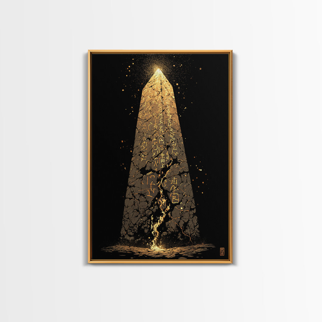 Glowing Obelisk Canvas Gold Art, Viking Canvas Art Wall Decor with Norse Runes, Nordic Myth Inspired Office Decor in real wood frame