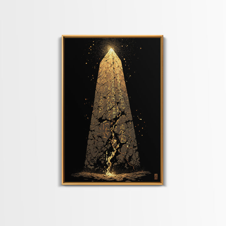 Glowing Obelisk Canvas Gold Art, Viking Canvas Art Wall Decor with Norse Runes, Nordic Myth Inspired Office Decor in real wood frame