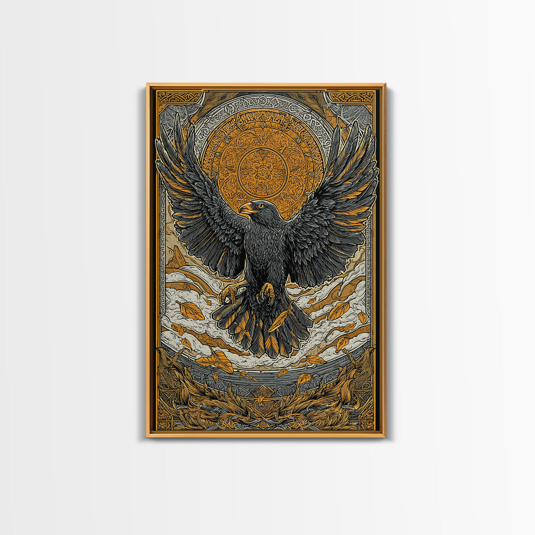 Nordic Eagle Guardian Canvas Gold Art Canvas Art | Viking Wall Decor Norse Mythology Art for Men | Mounted in Real Wood Frame