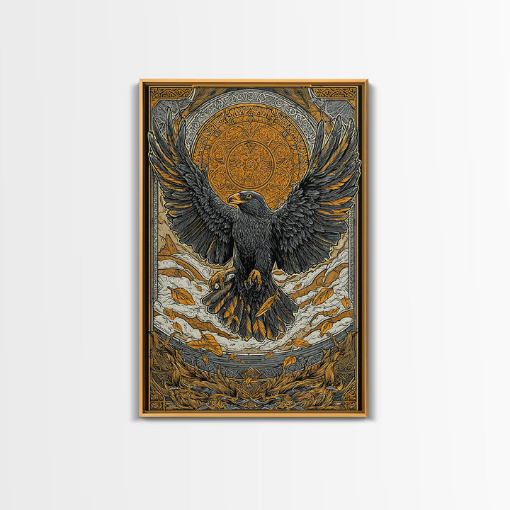 Nordic Eagle Guardian Canvas Gold Art Canvas Art | Viking Wall Decor Norse Mythology Art for Men | Mounted in Real Wood Frame