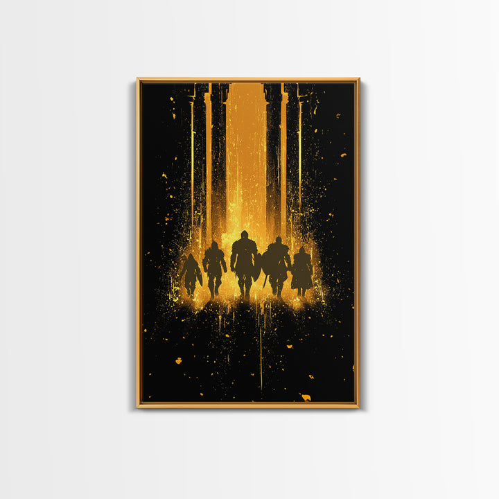 Norse Warriors Canvas Gold Art, Viking Canvas Art Wall Decor with Epic Battle Silhouettes, Man Cave Gift framed in real wood
