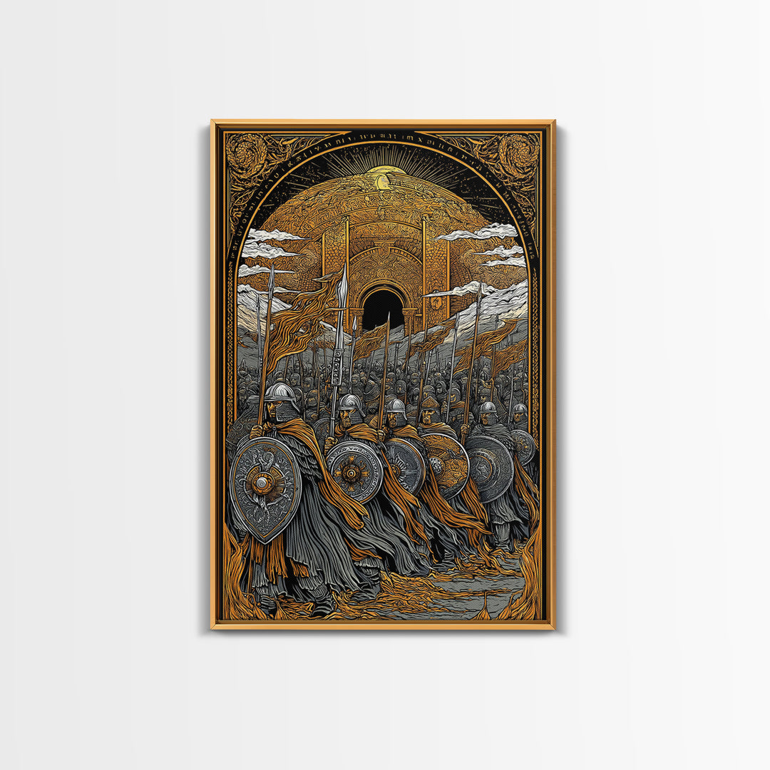 Asgardian Army Canvas Gold Art Canvas Art | Norse Mythology Wall Decor with Viking Soldiers | Office or Dad Gift in Wood Frame
