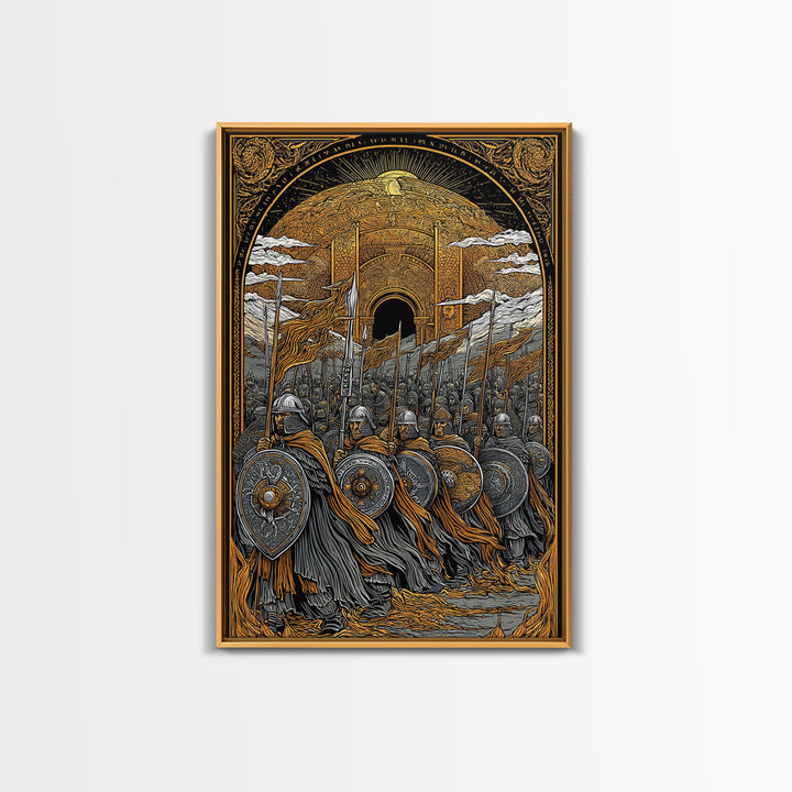 Asgardian Army Canvas Gold Art Canvas Art | Norse Mythology Wall Decor with Viking Soldiers | Office or Dad Gift in Wood Frame