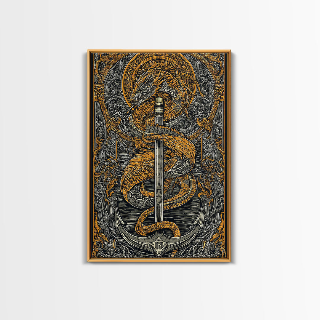 Jormungandr Serpent Canvas Gold Art Canvas Art | Norse Sea Dragon Mythology Wall Decor Pagan Symbol | Office Art with Real Wood