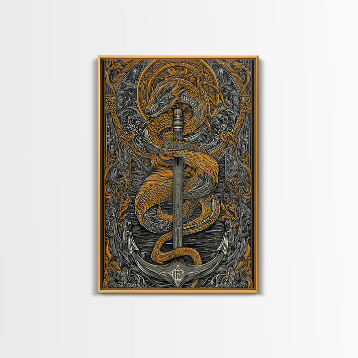 Jormungandr Serpent Canvas Gold Art Canvas Art | Norse Sea Dragon Mythology Wall Decor Pagan Symbol | Office Art with Real Wood