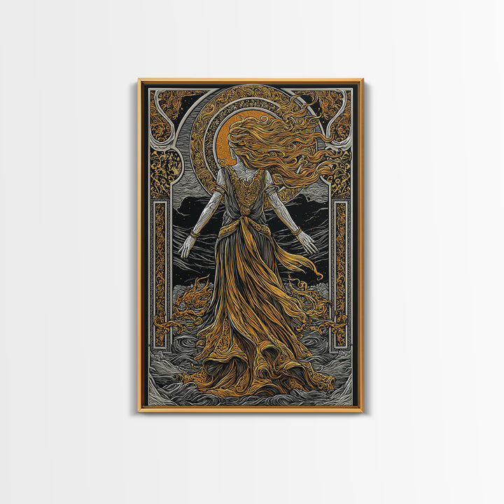 Goddess Freyja Canvas Gold Art Canvas Art | Norse Mythology Divine Feminine Wall Decor | Man Cave or Office Art in Wood Frame