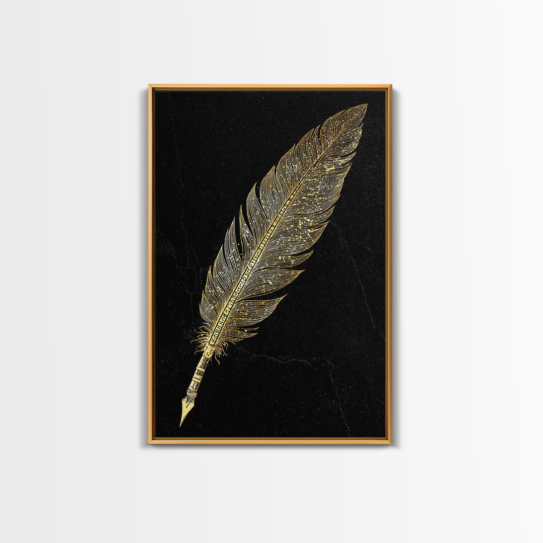 Runic Feather Quill Canvas Gold Art Canvas Art | Viking Mythology Writing Symbol Wall Decor | Office or Study Gift with Wood Frame