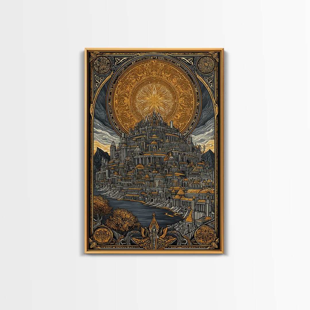 Asgard City Canvas Gold Art Canvas Art | Norse Mythology Viking Wall Decor Office Art | Nordic Fortress Scene in Real Wood Frame