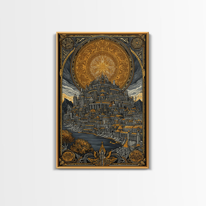 Asgard City Canvas Gold Art Canvas Art | Norse Mythology Viking Wall Decor Office Art | Nordic Fortress Scene in Real Wood Frame
