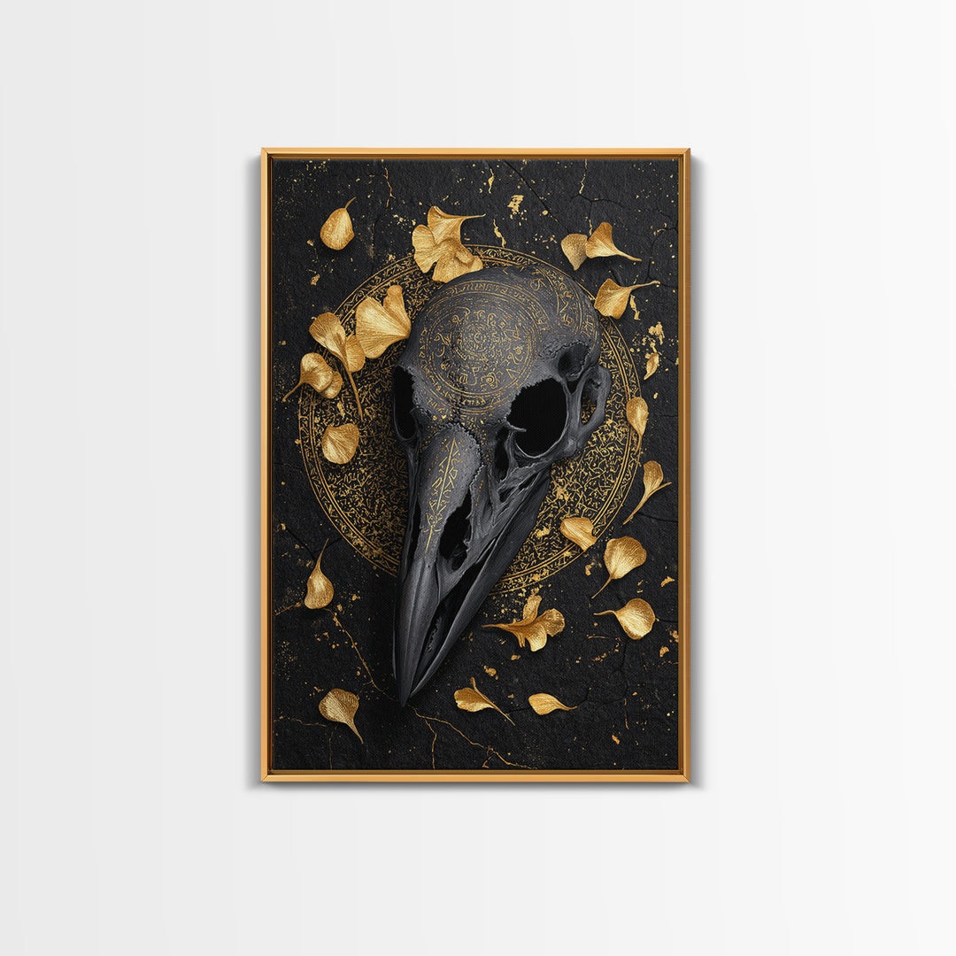 Raven Skull Canvas Gold Art Canvas Art | Odin’s Symbol Norse Mythology Wall Decor | Man Cave or Office Art with Natural Wood Frame