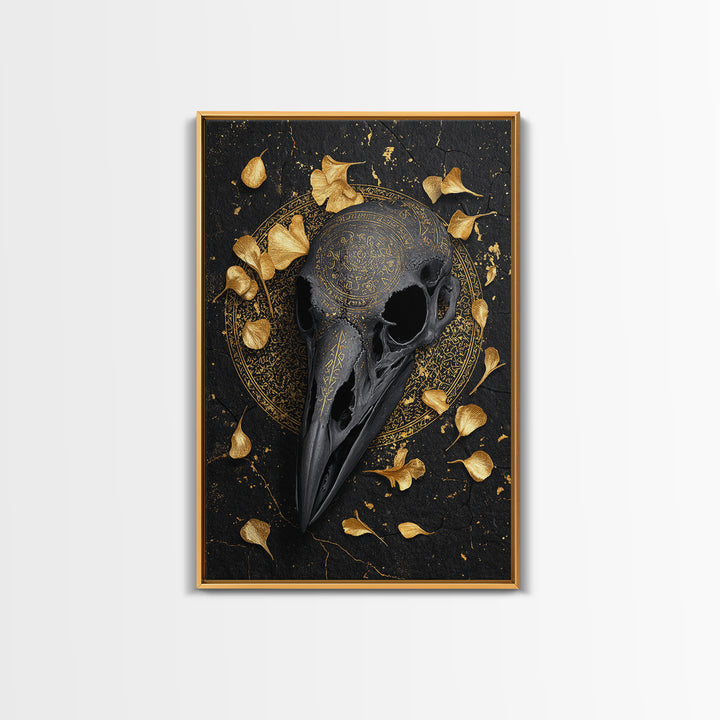 Raven Skull Canvas Gold Art Canvas Art | Odin’s Symbol Norse Mythology Wall Decor | Man Cave or Office Art with Natural Wood Frame